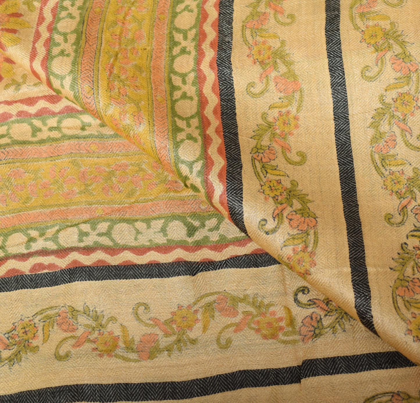 Sushila Vintage Light Gold Dupatta Hand Block Printed Pure Woolen Long Stole