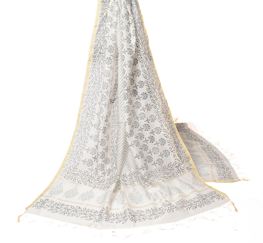 Sushila Vintage Floral White Dupatta Hand Block Printed Cotton Silk Long Stole