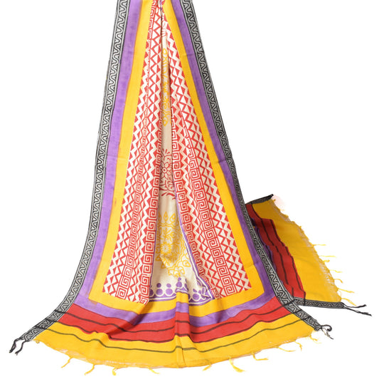 Sushila Vintage Cream Pure Woolen Dupatta Hand Block Printed & Woven Long Stole