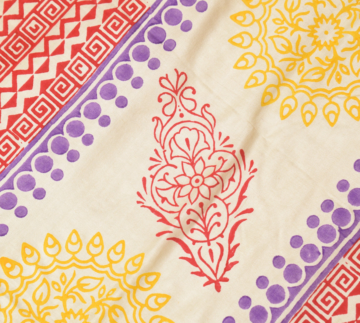 Sushila Vintage Cream Pure Woolen Dupatta Hand Block Printed & Woven Long Stole