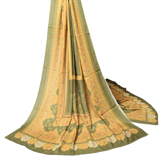Sushila Vintage Green Yellow Dupatta Pure Woolen Floral Printed Soft Long Stole