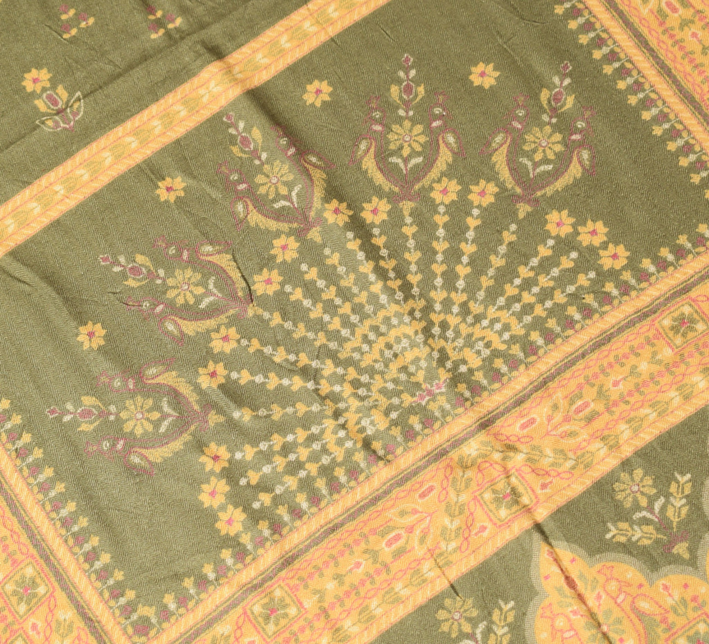 Sushila Vintage Green Yellow Dupatta Pure Woolen Floral Printed Soft Long Stole