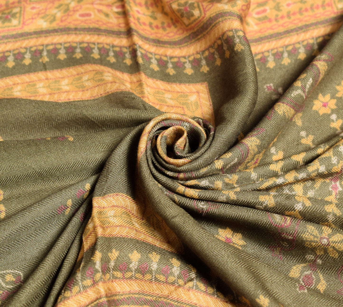 Sushila Vintage Green Yellow Dupatta Pure Woolen Floral Printed Soft Long Stole