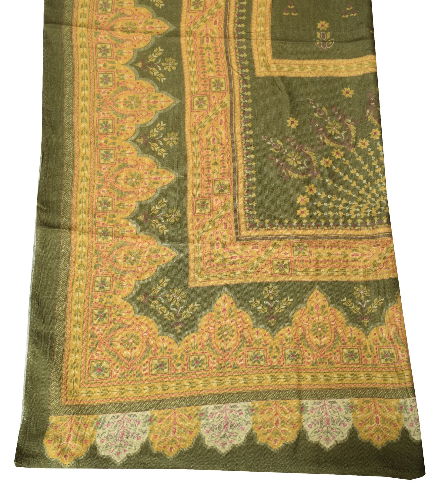 Sushila Vintage Green Yellow Dupatta Pure Woolen Floral Printed Soft Long Stole