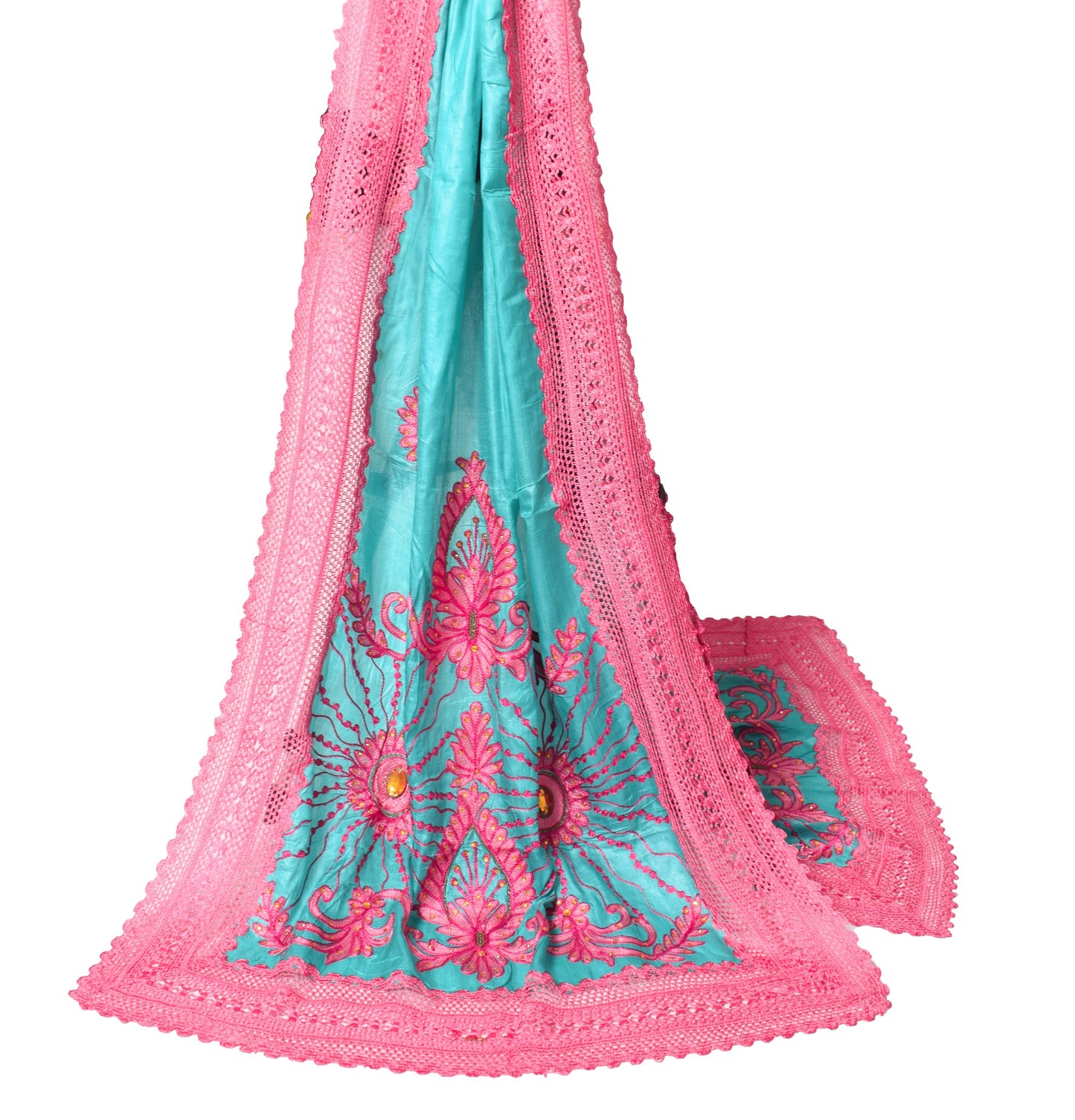 Sushila Vintage Teal Green Dupatta Floral Embroidered Pure Tussar Silk LongStole