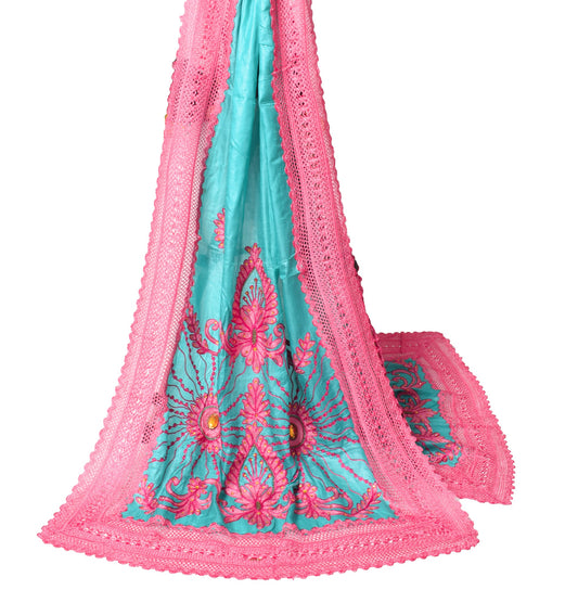 Sushila Vintage Teal Green Dupatta Floral Embroidered Pure Tussar Silk LongStole