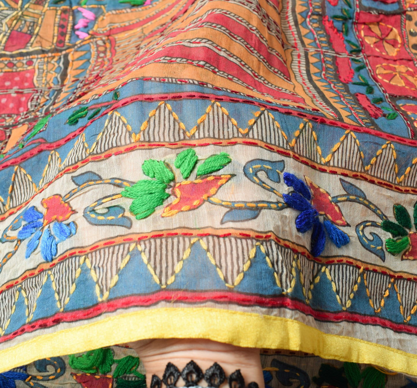 Sushila Vintage Cream Handmade Dupatta Madhubani Art Cotton Silk Long Stole