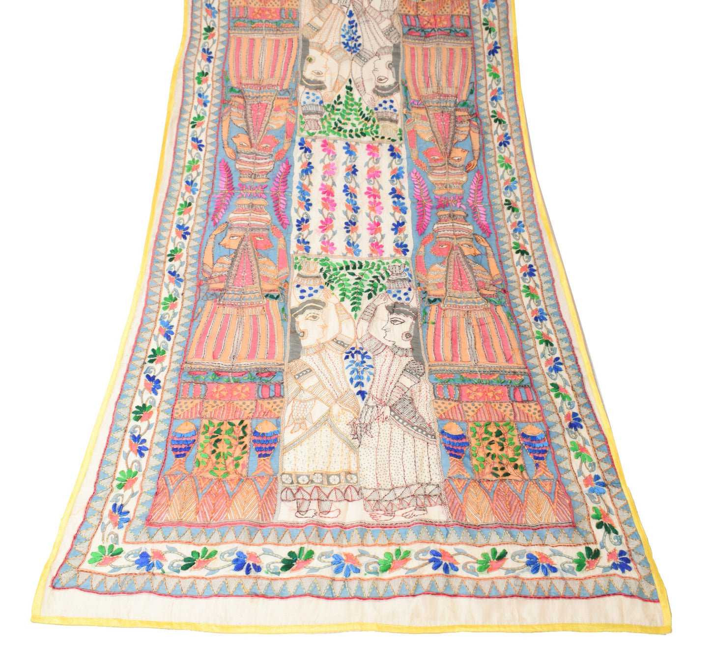 Sushila Vintage Cream Handmade Dupatta Madhubani Art Cotton Silk Long Stole