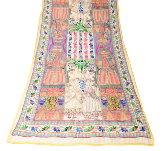 Sushila Vintage Cream Handmade Dupatta Madhubani Art Cotton Silk Long Stole