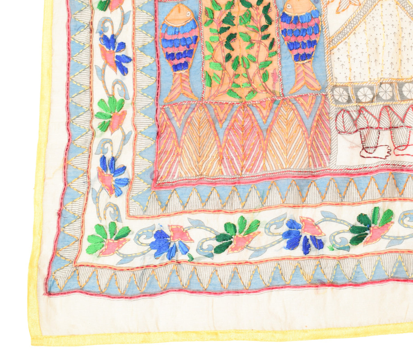 Sushila Vintage Cream Handmade Dupatta Madhubani Art Cotton Silk Long Stole