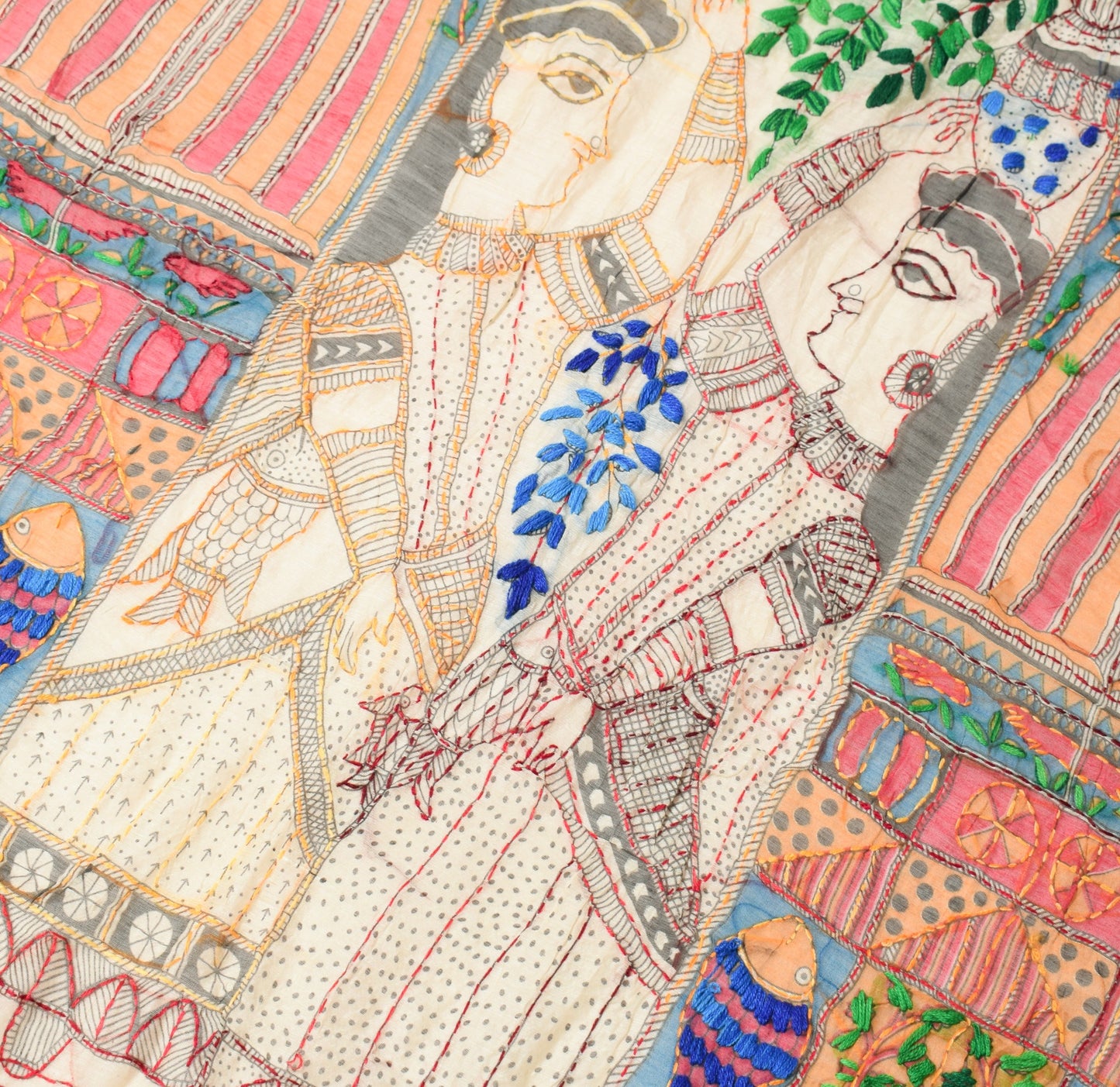 Sushila Vintage Cream Handmade Dupatta Madhubani Art Cotton Silk Long Stole