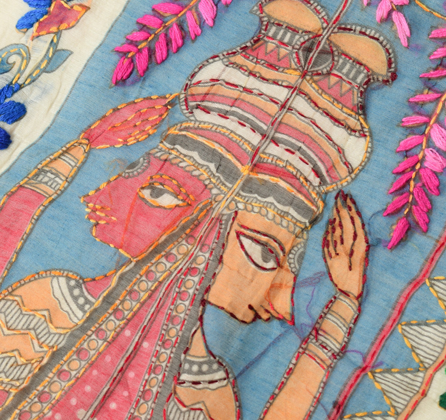 Sushila Vintage Cream Handmade Dupatta Madhubani Art Cotton Silk Long Stole