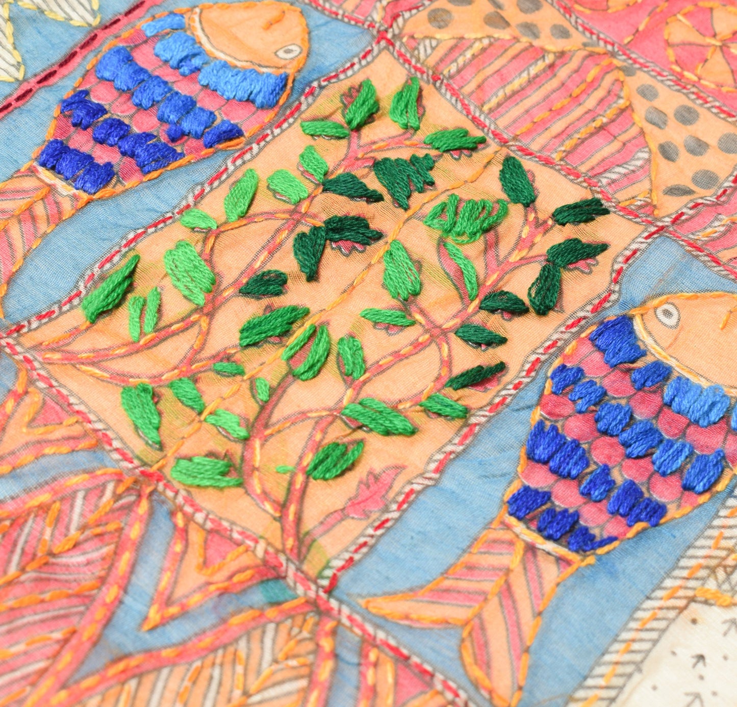 Sushila Vintage Cream Handmade Dupatta Madhubani Art Cotton Silk Long Stole