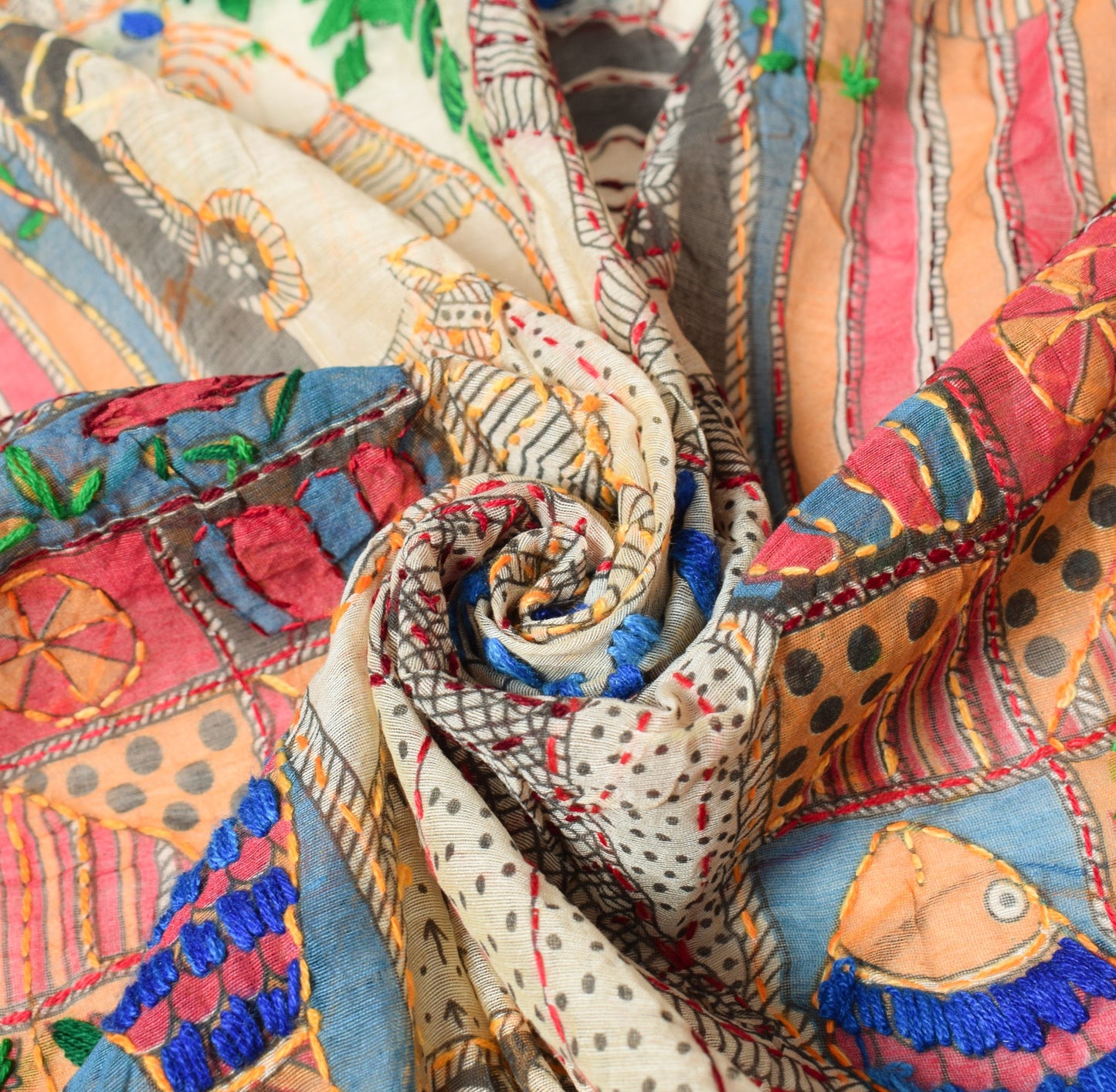 Sushila Vintage Cream Handmade Dupatta Madhubani Art Cotton Silk Long Stole