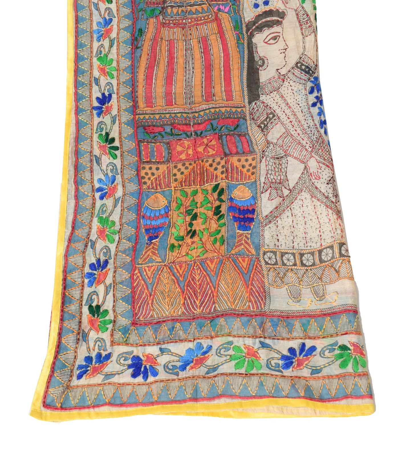 Sushila Vintage Cream Handmade Dupatta Madhubani Art Cotton Silk Long Stole