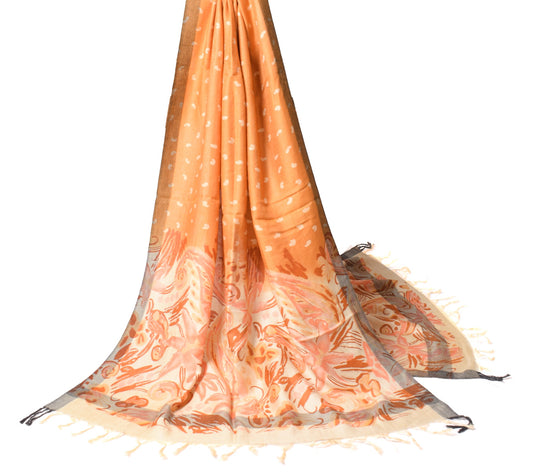 Sushila Vintage Orange Pure Woolen Dupatta Paisley Printed & Woven Long Stole