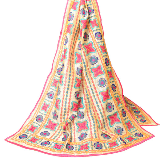 Sushila Vintage Beige Handmade Dupatta Art Cotton Silk Embroidered Long Stole
