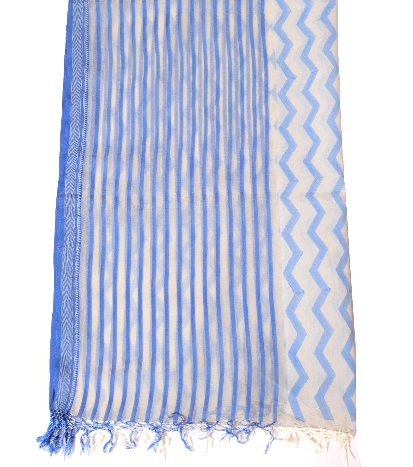 Sushila Vintage White Dupatta Pure Cotton Silk Hand Block & Woven Long Stole