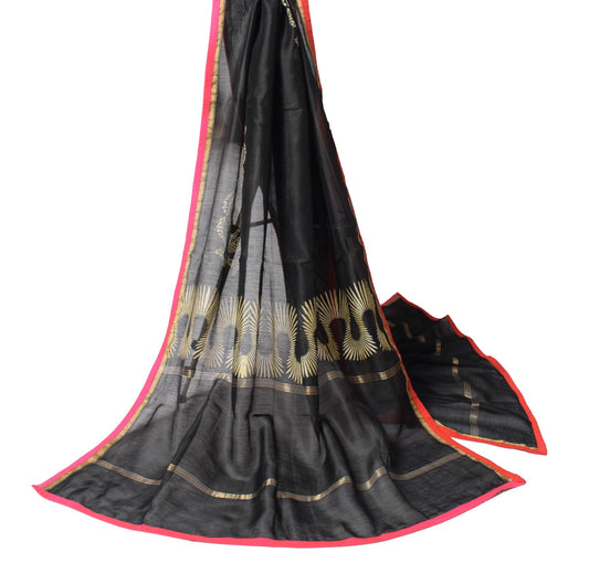 Sushila Vintage Black Dupatta Pure Cotton Silk Printed Indian Classy Long Stole