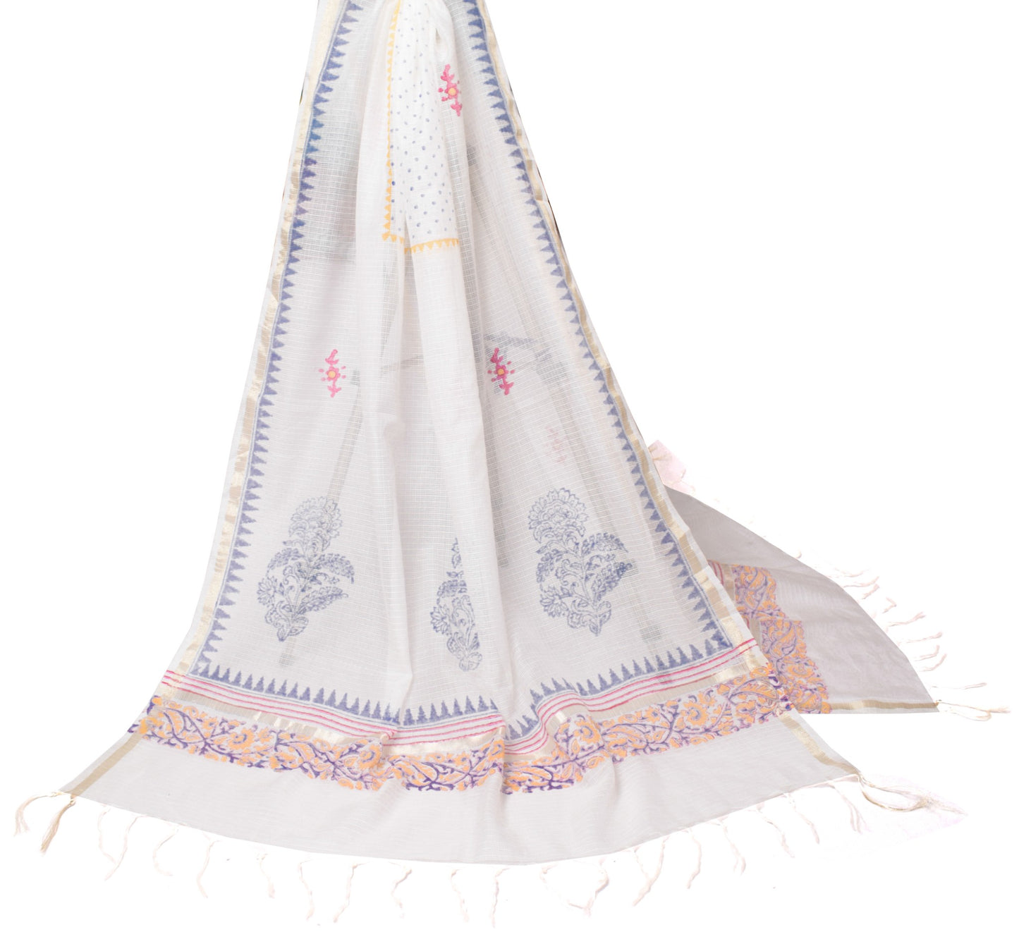 Sushila Vintage White Kota Doria Dupatta Hand Block Printed Floral Long Stole