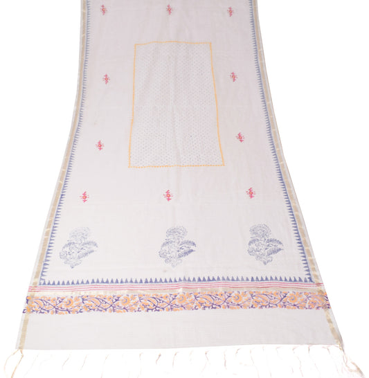 Sushila Vintage White Kota Doria Dupatta Hand Block Printed Floral Long Stole