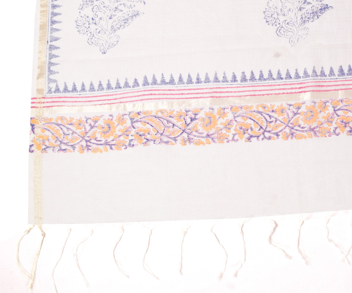 Sushila Vintage White Kota Doria Dupatta Hand Block Printed Floral Long Stole