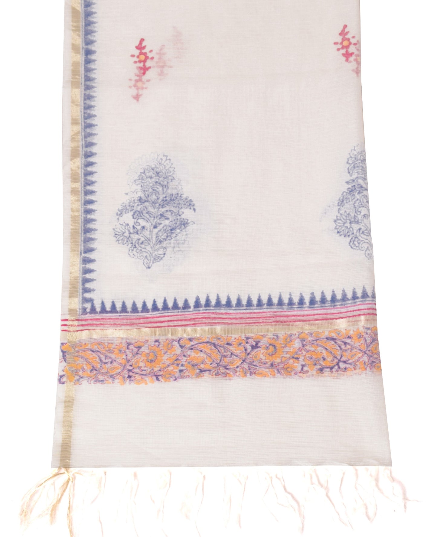 Sushila Vintage White Kota Doria Dupatta Hand Block Printed Floral Long Stole