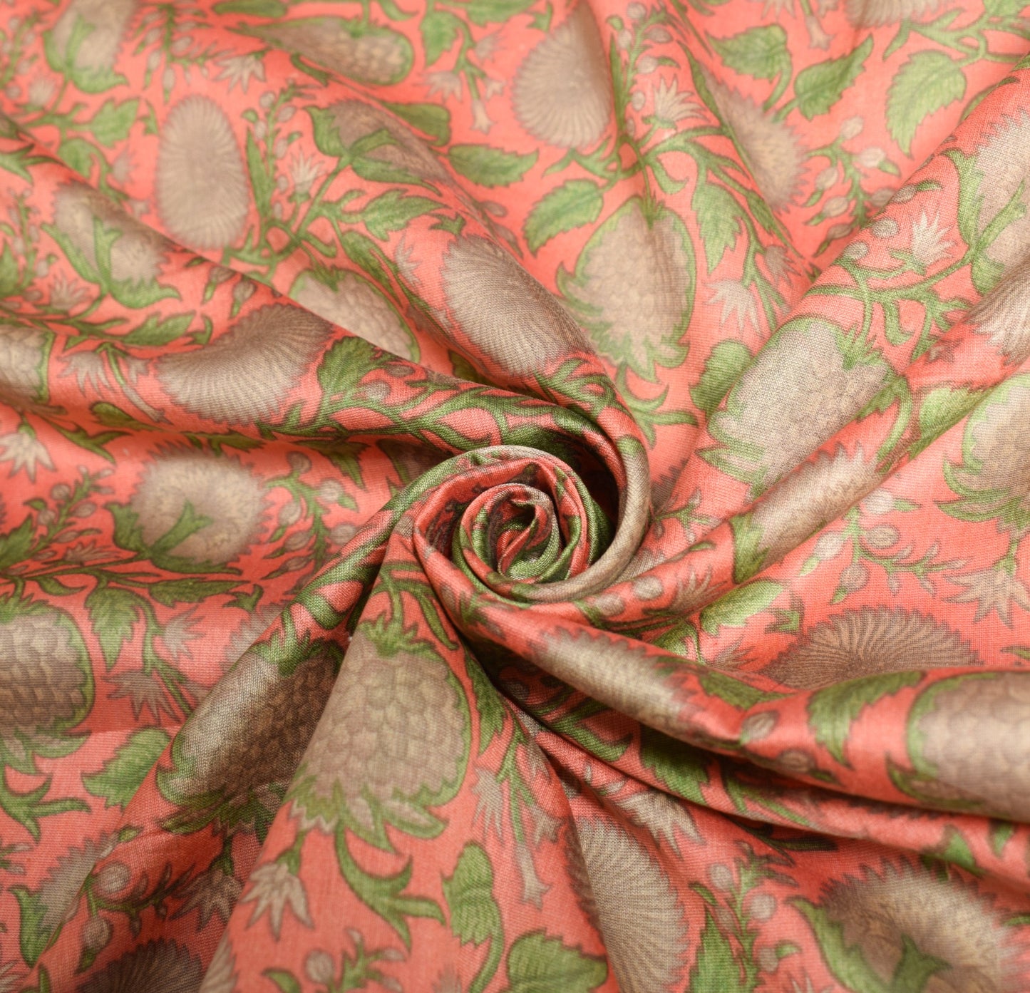 Sushila Vintage Dark Peach Dupatta 100% Pure Cotton Silk Floral Print Long Stole