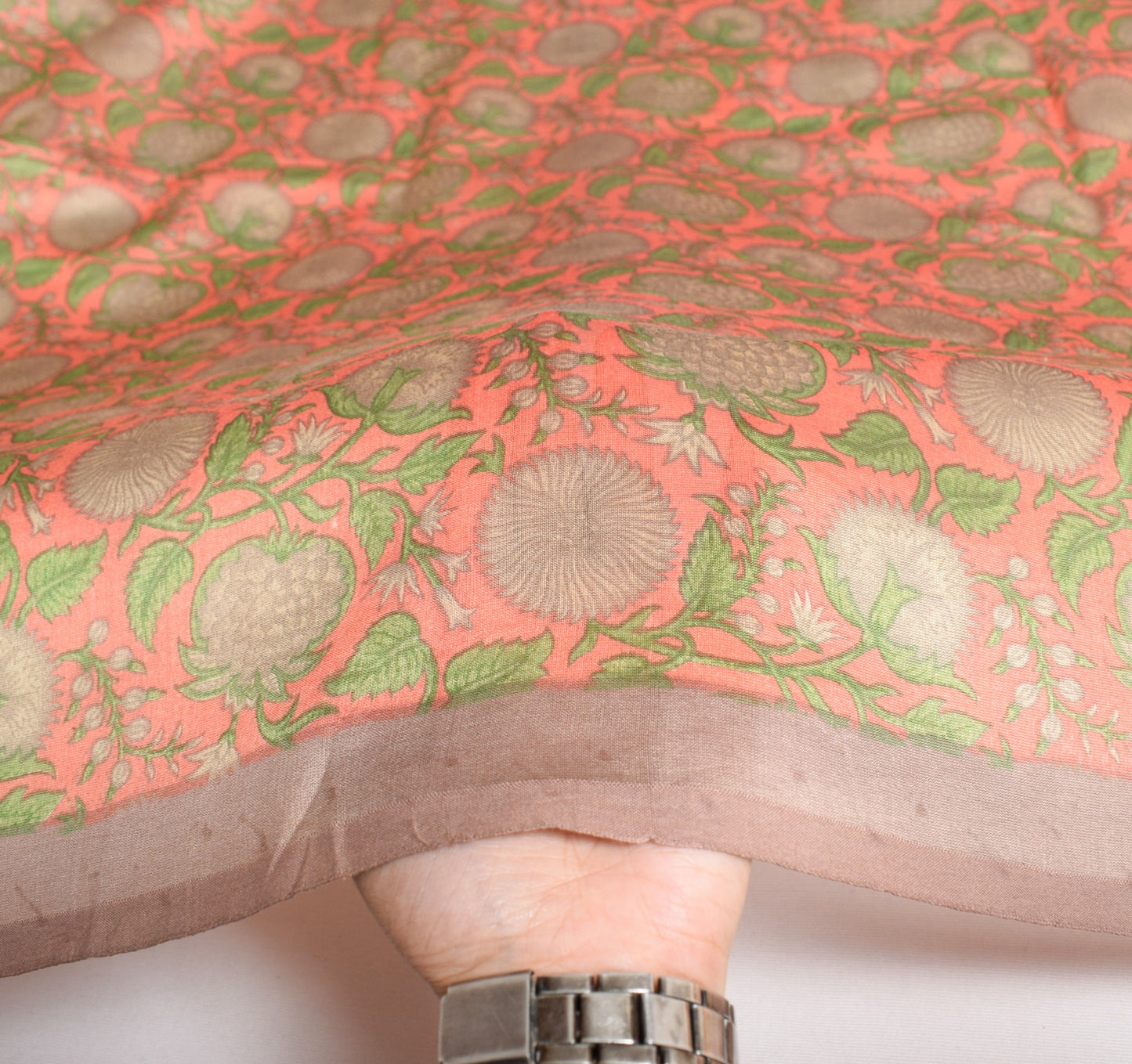 Sushila Vintage Dark Peach Dupatta 100% Pure Cotton Silk Floral Print Long Stole
