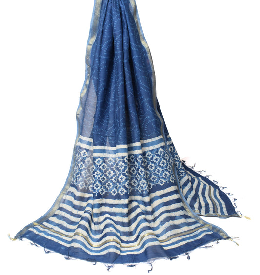 Sushila Vintage Blue Dupatta Pure Cotton Silk Batik Printed & Woven Long Stole