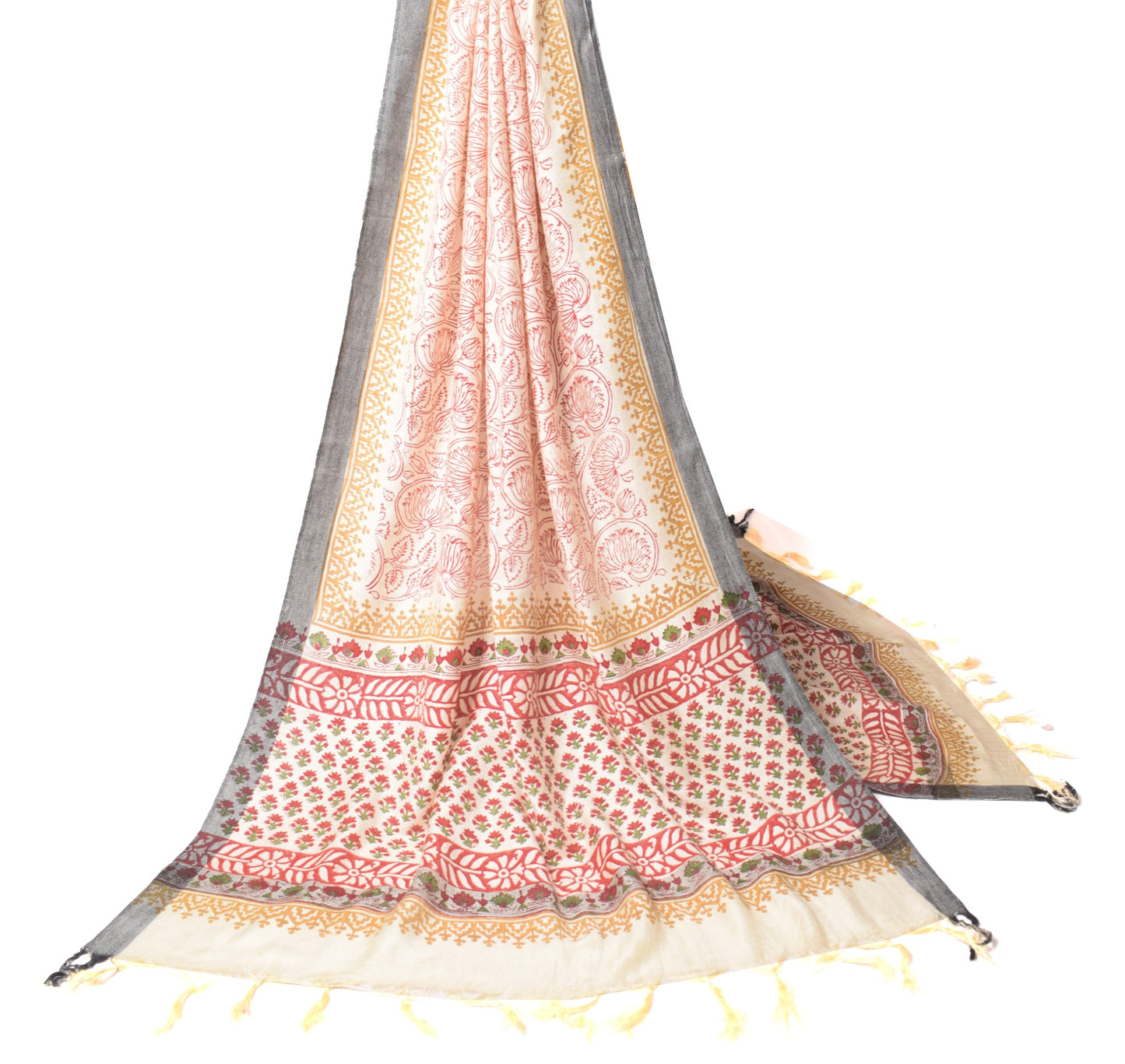 Sushila Vintage Floral Cream Dupatta Pure Woolen Hand Block Printed Long Stole