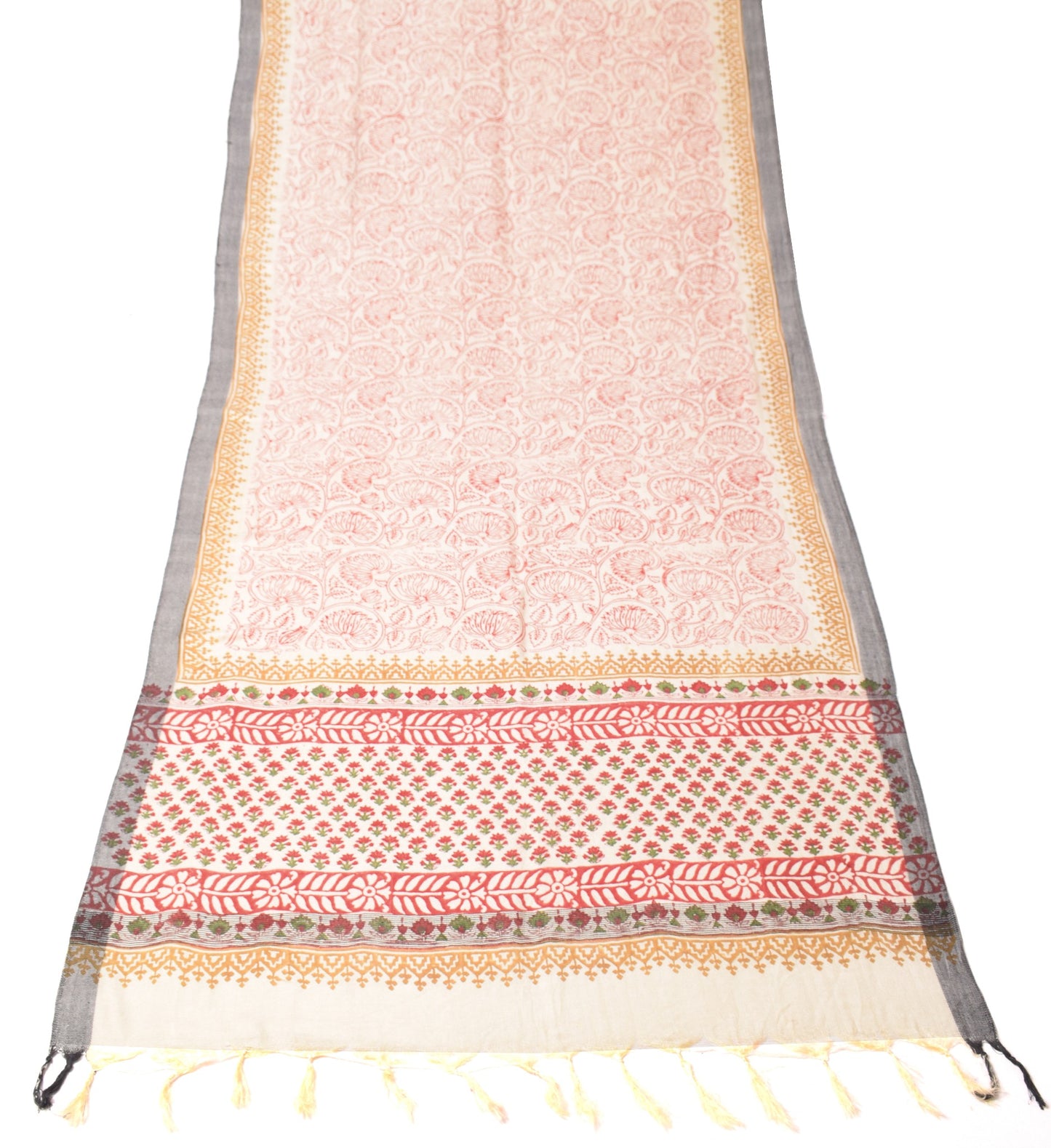 Sushila Vintage Floral Cream Dupatta Pure Woolen Hand Block Printed Long Stole