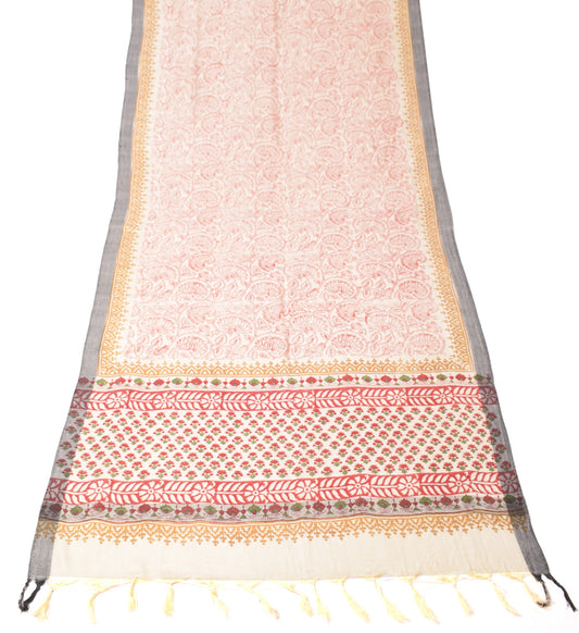 Sushila Vintage Floral Cream Dupatta Pure Woolen Hand Block Printed Long Stole