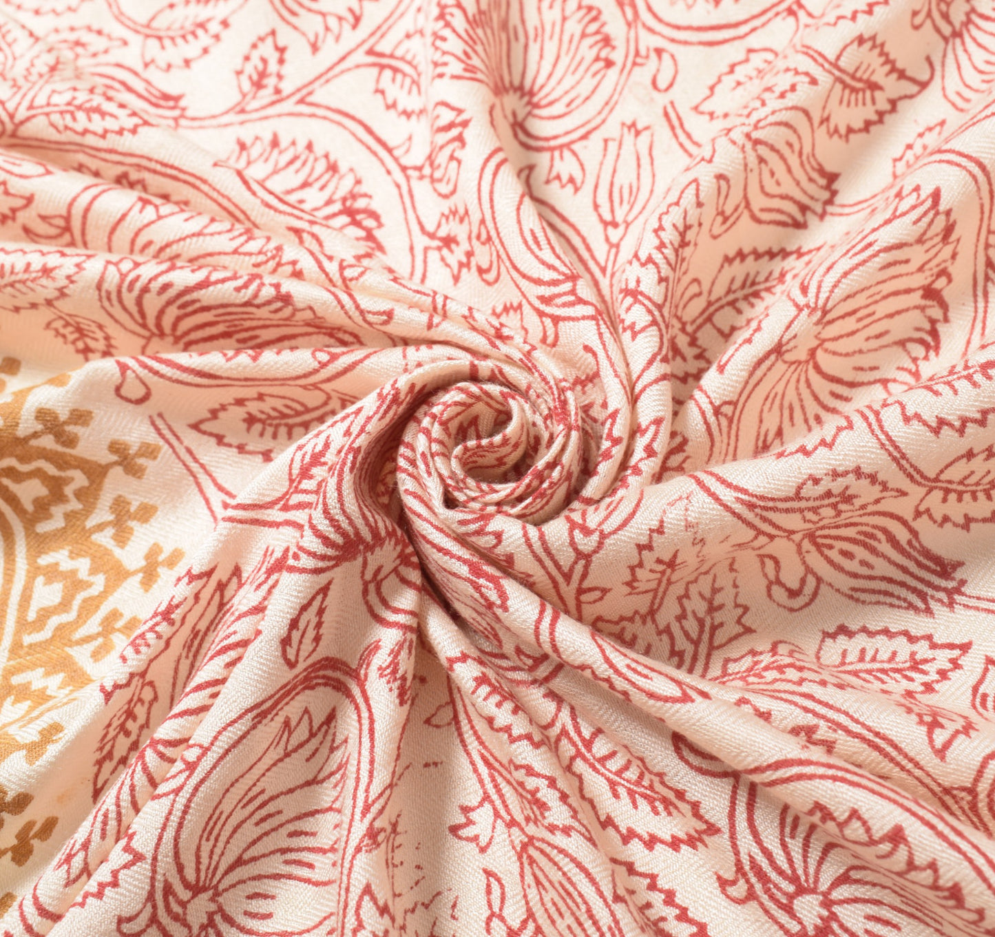 Sushila Vintage Floral Cream Dupatta Pure Woolen Hand Block Printed Long Stole