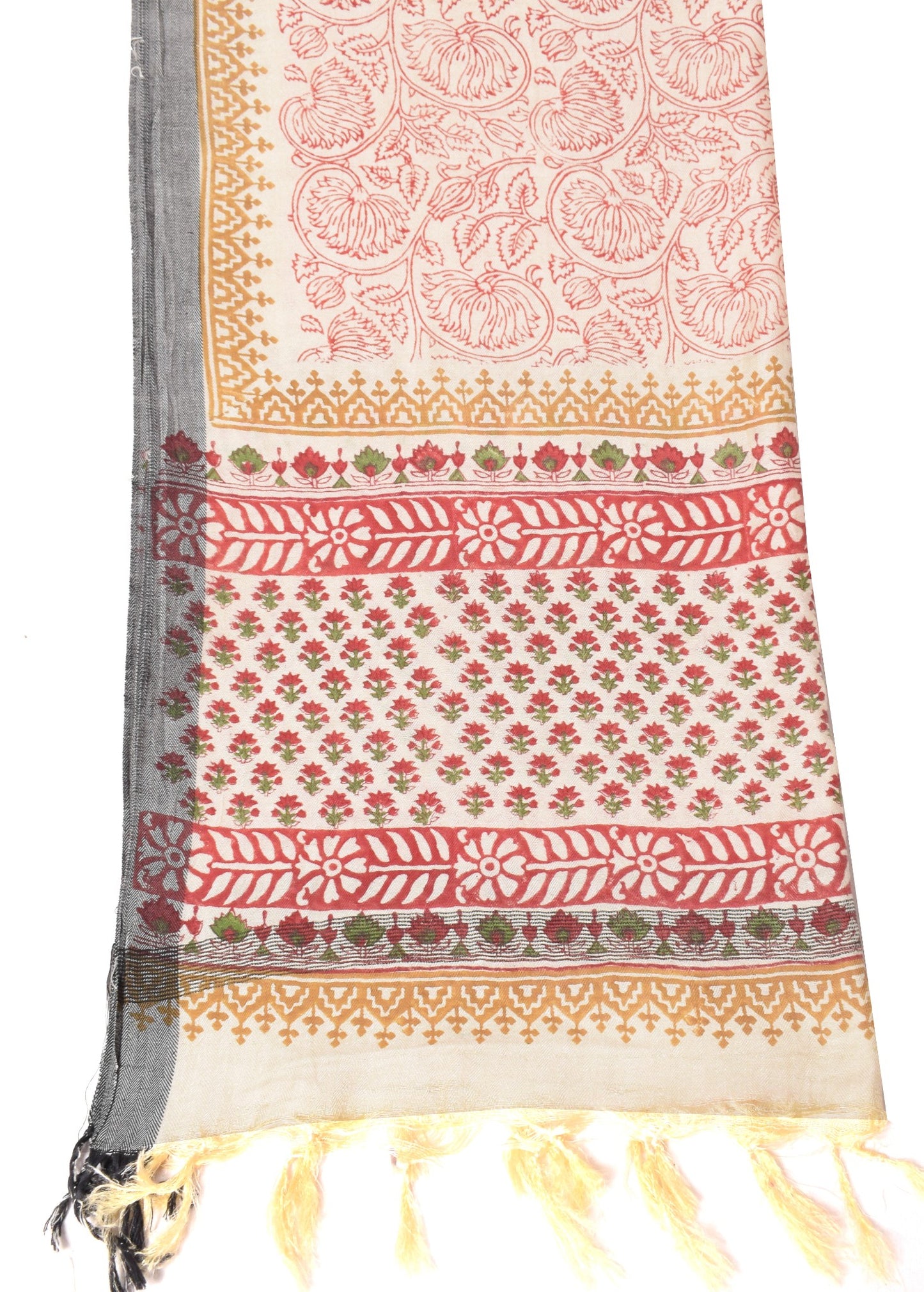 Sushila Vintage Floral Cream Dupatta Pure Woolen Hand Block Printed Long Stole