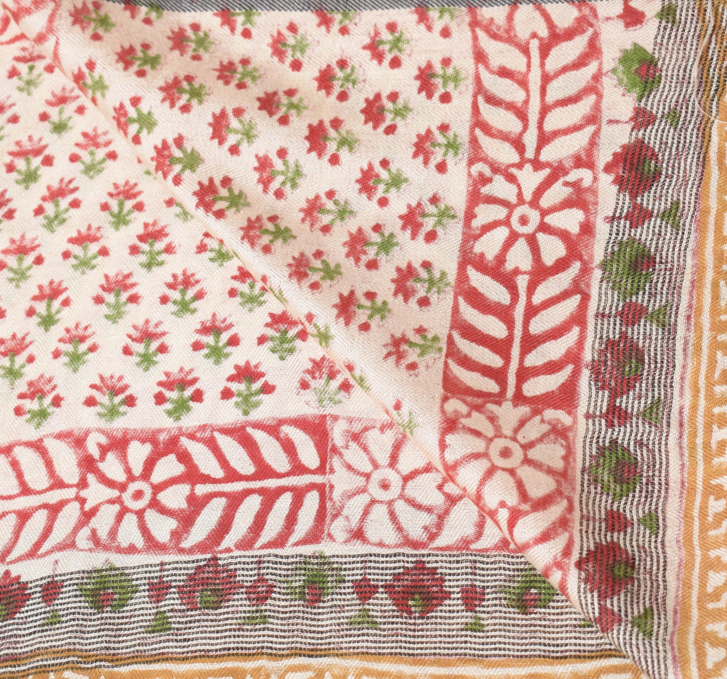 Sushila Vintage Floral Cream Dupatta Pure Woolen Hand Block Printed Long Stole