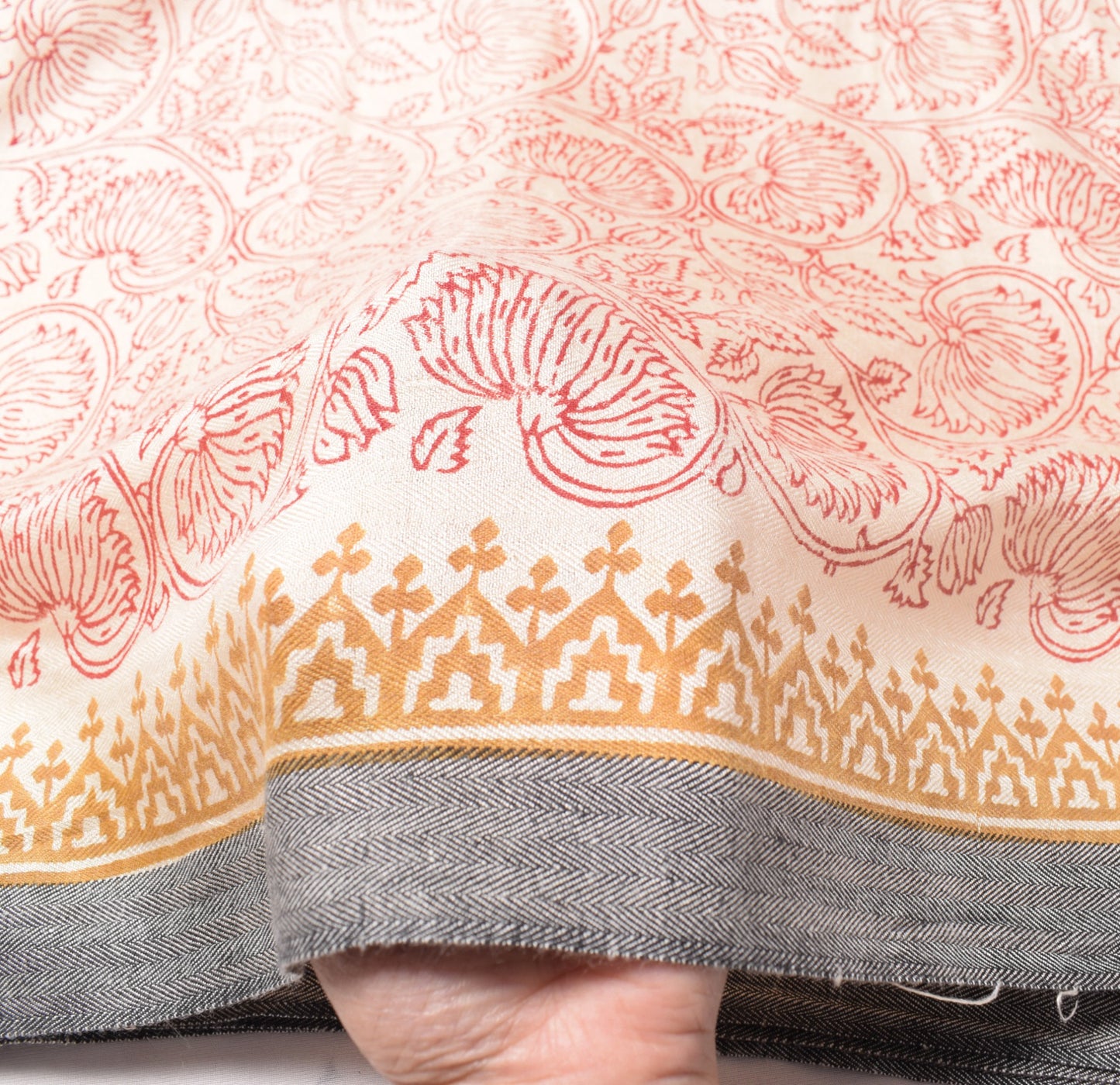 Sushila Vintage Floral Cream Dupatta Pure Woolen Hand Block Printed Long Stole