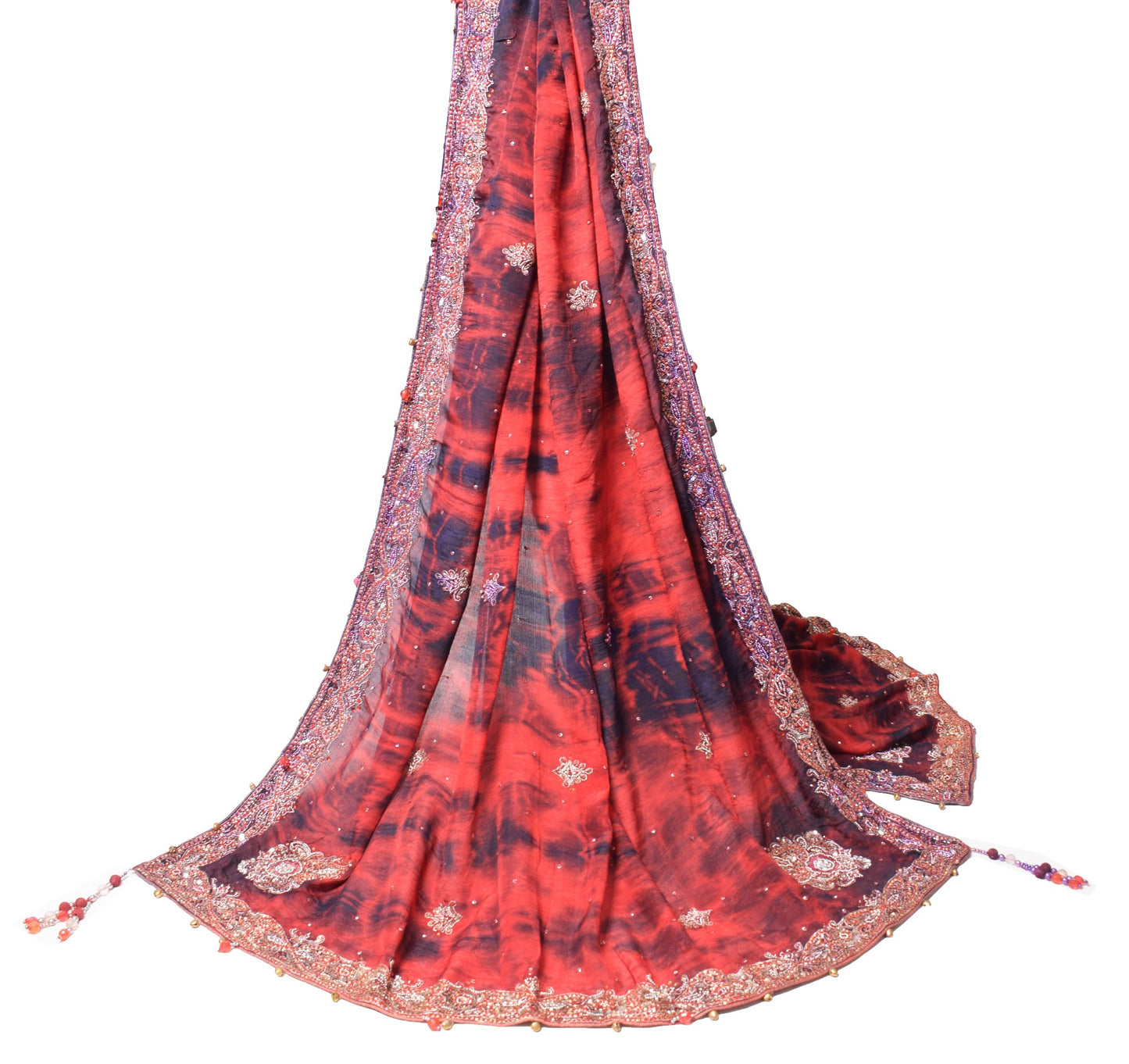 Sushila Vintage Red Tie-Dye Dupatta Pure Chiffon Sequins Embellish Long Stole