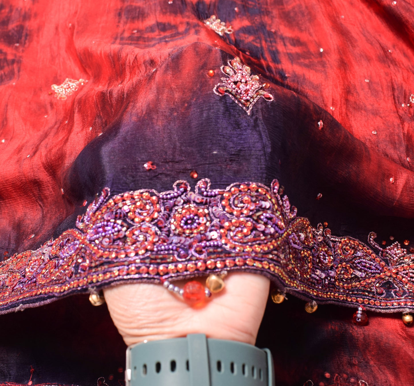 Sushila Vintage Red Tie-Dye Dupatta Pure Chiffon Sequins Embellish Long Stole