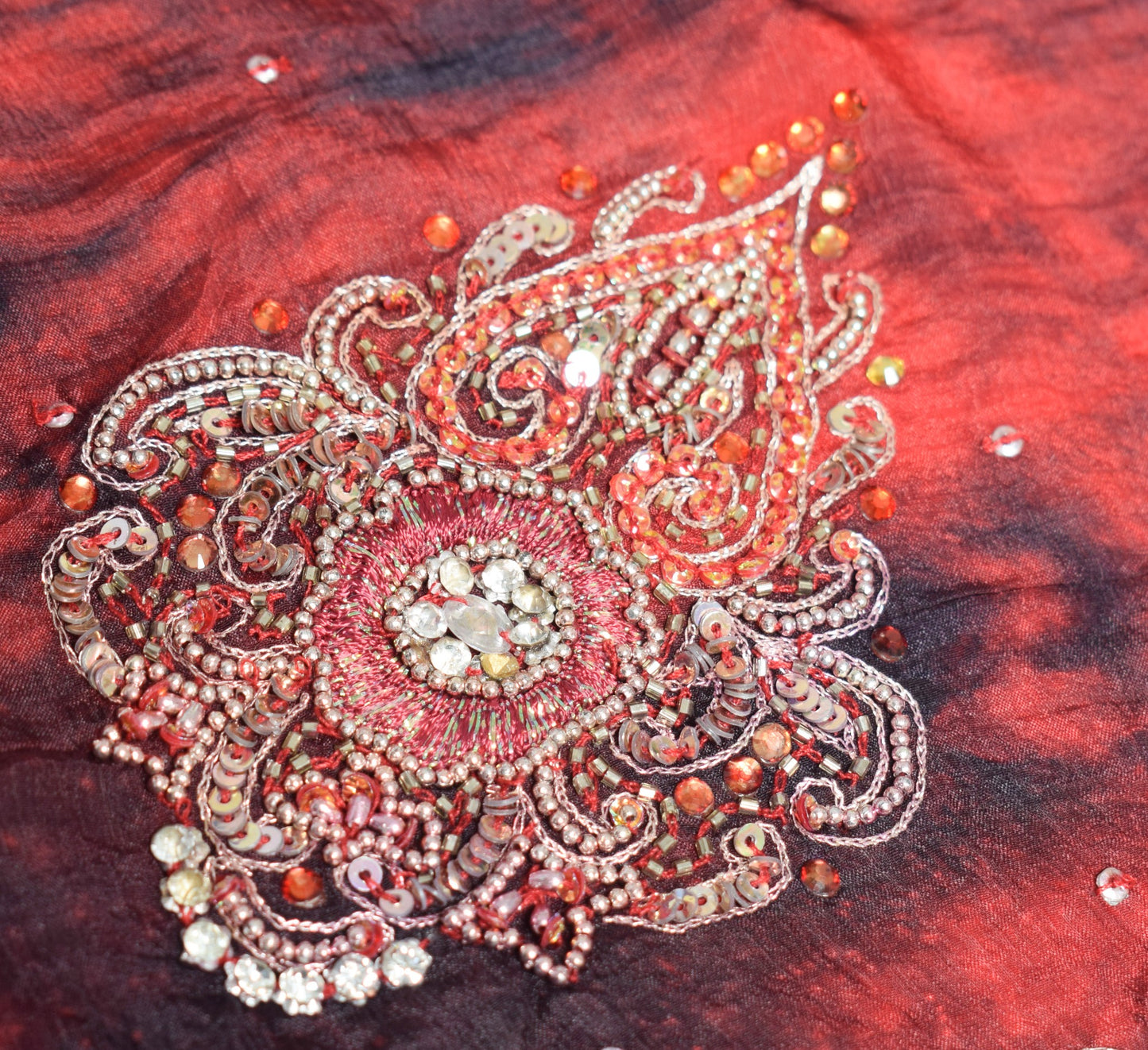 Sushila Vintage Red Tie-Dye Dupatta Pure Chiffon Sequins Embellish Long Stole