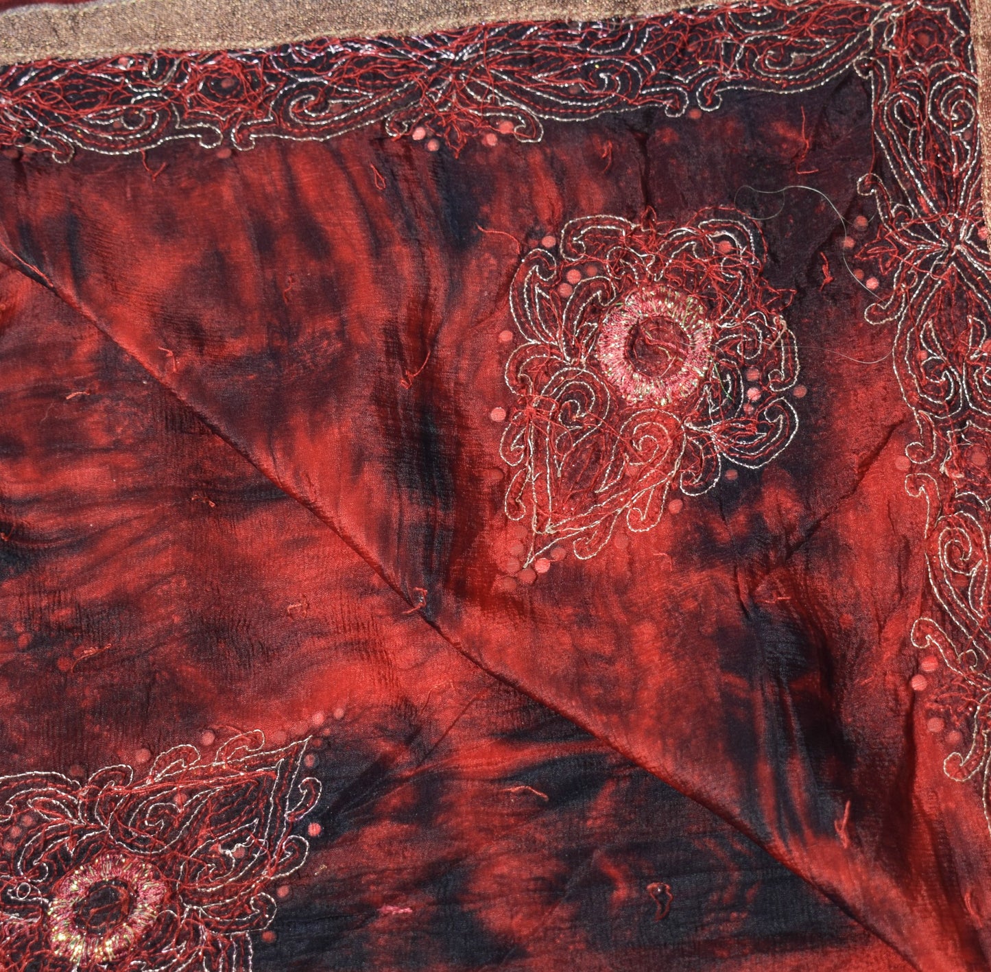 Sushila Vintage Red Tie-Dye Dupatta Pure Chiffon Sequins Embellish Long Stole