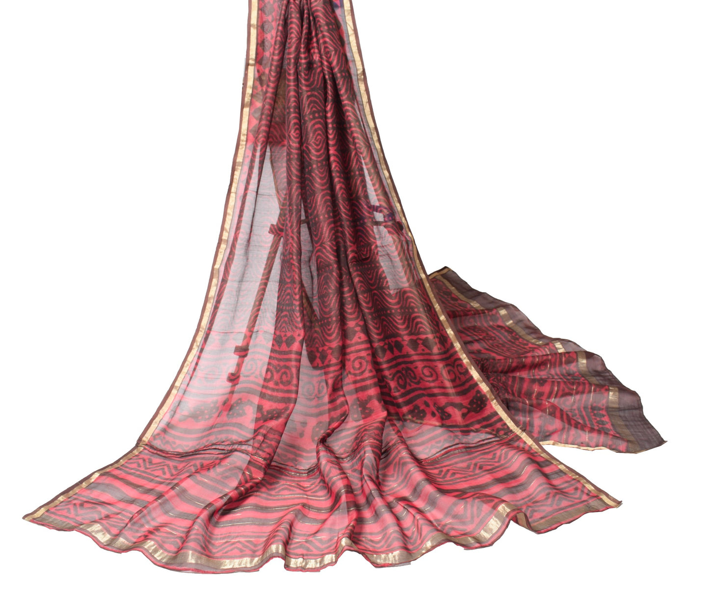 Sushila Vintage Pink & Brown Dupatta Pure Cotton Silk Handmade Print Long Stole