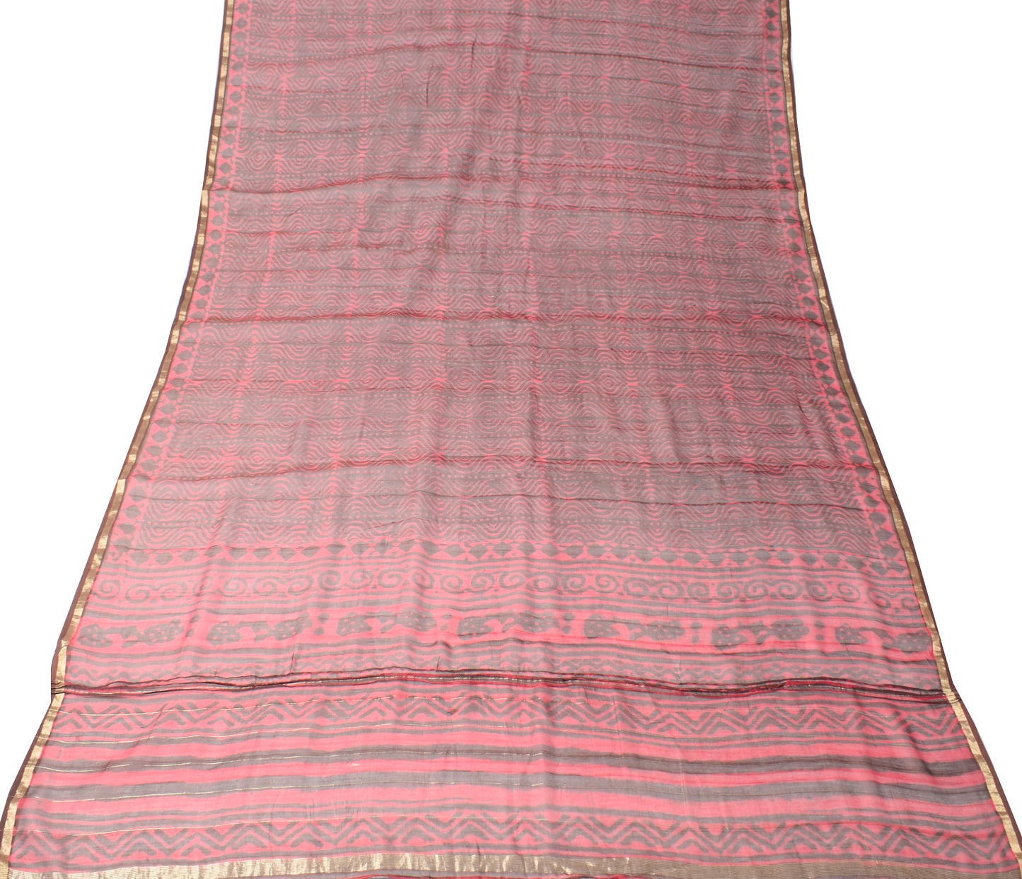 Sushila Vintage Pink & Brown Dupatta Pure Cotton Silk Handmade Print Long Stole