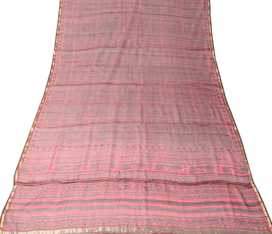 Sushila Vintage Pink & Brown Dupatta Pure Cotton Silk Handmade Print Long Stole