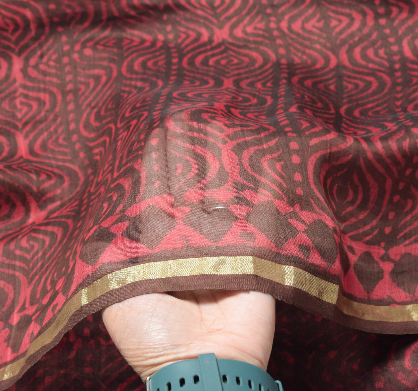 Sushila Vintage Pink & Brown Dupatta Pure Cotton Silk Handmade Print Long Stole