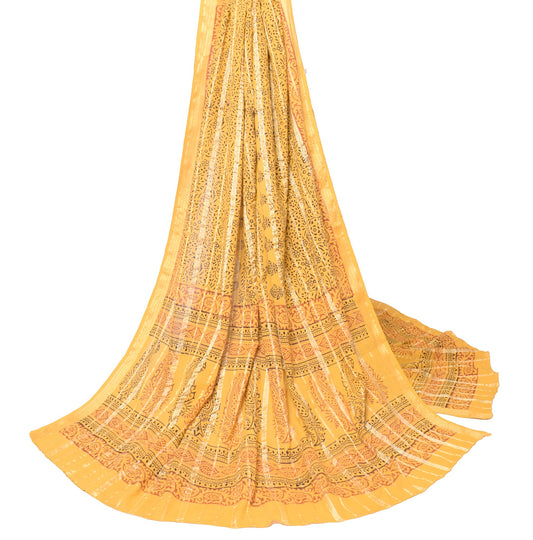 Sushila Vintage Hand Block Printed Dupatta Floral Pure Cotton Mustard Long Stole