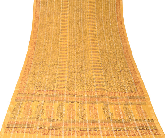 Sushila Vintage Hand Block Printed Dupatta Floral Pure Cotton Mustard Long Stole