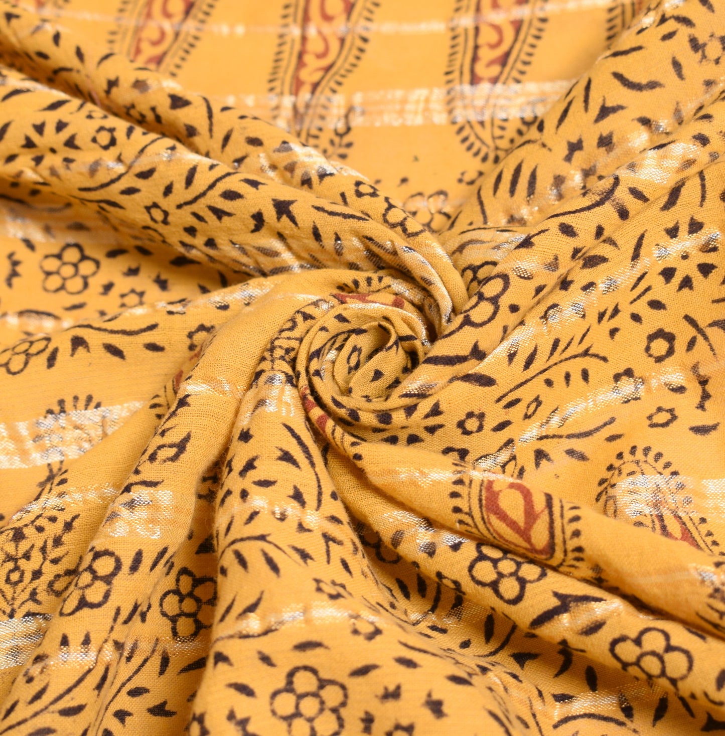 Sushila Vintage Hand Block Printed Dupatta Floral Pure Cotton Mustard Long Stole