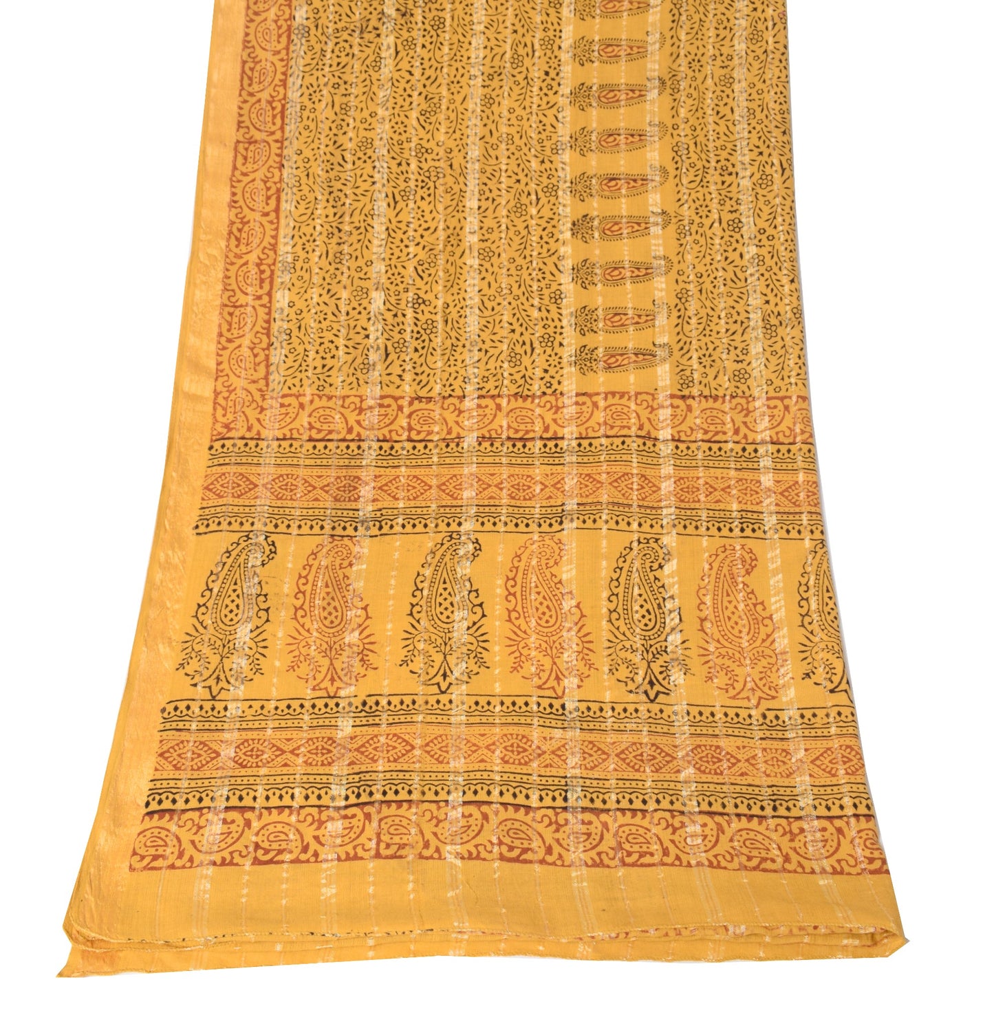 Sushila Vintage Hand Block Printed Dupatta Floral Pure Cotton Mustard Long Stole