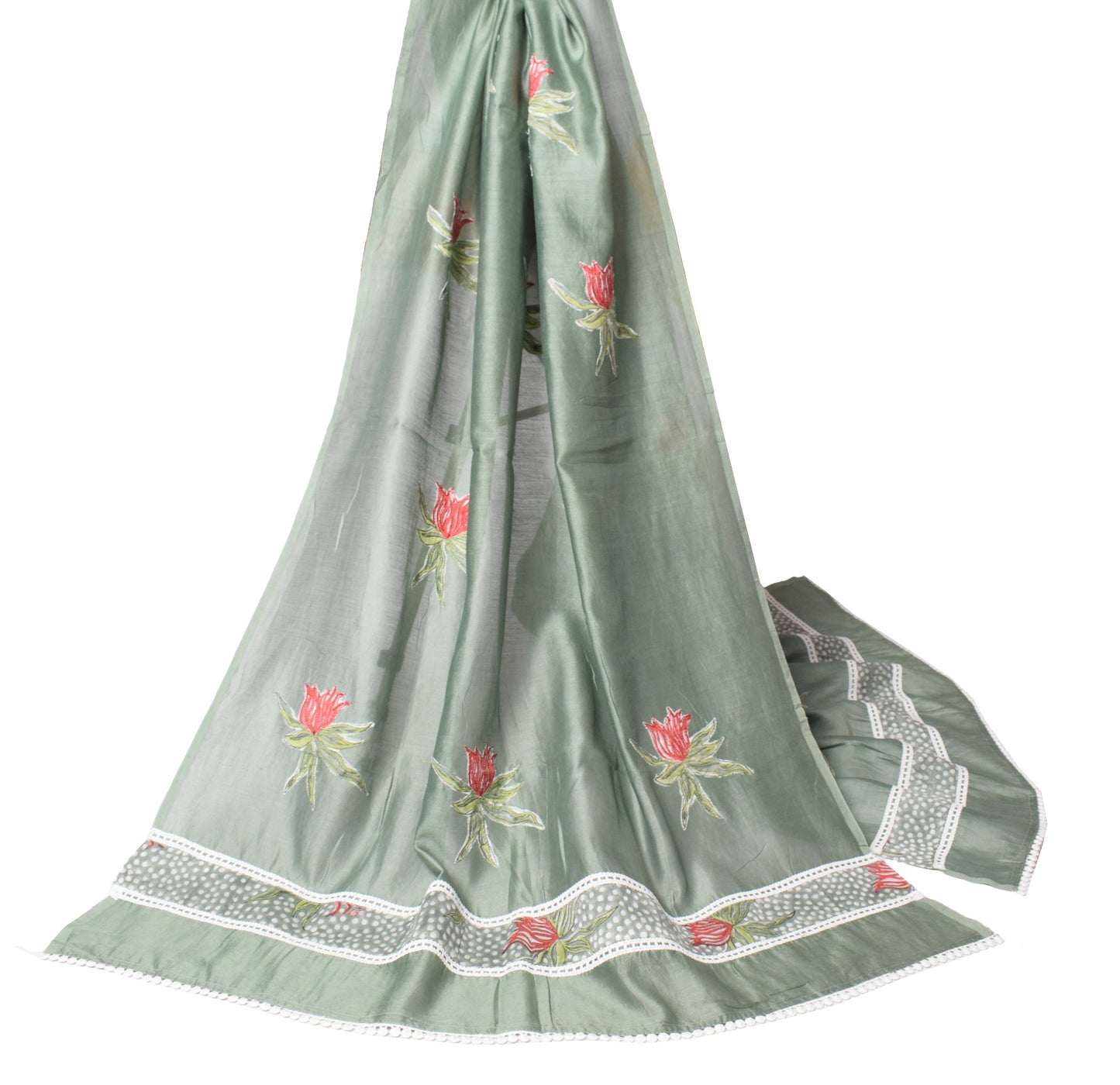 Sushila Vintage Greenish Gray Dupatta Applique Work Pure Cotton Silk Long Stole